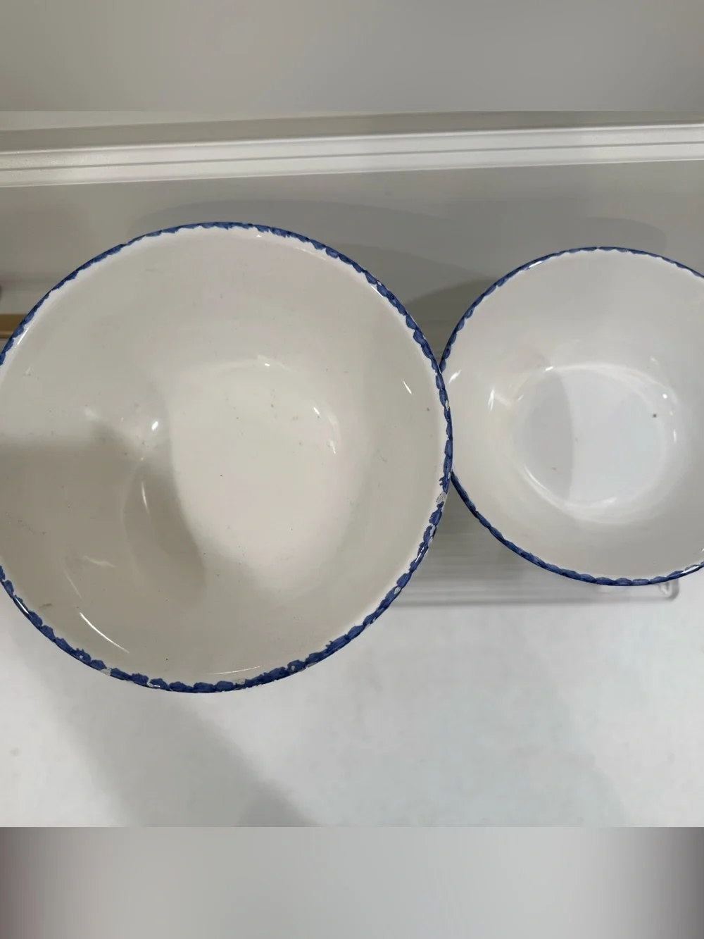 Vintage Pottery Barn Serving Bowls with Blue Speckled Rim Set ~ Made in Italy